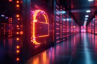 Glowing neon padlock icon on digital display with red and blue lighting effects in dark server room, representing cybersecurity and data protection concept.