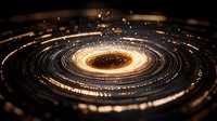 Glowing golden spiral with light particles and energy rings on dark background creates futuristic cosmic portal effect for technology and space designs.