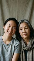 Asian mother and adult daughter smiling together in warm family portrait showing intergenerational bond and love between generations.