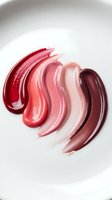 Colorful lipstick swatches in red pink coral and burgundy shades smeared on white surface for beauty cosmetics makeup and fashion concepts.