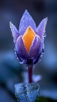 Purple crocus flower bud covered in morning dew drops against blue background, macro photography showing delicate water droplets and orange center detail.