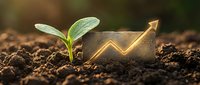 Young green plant seedling emerging from rich dark soil with glowing golden upward arrow symbolizing growth, success and financial prosperity in agriculture.