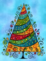 Colorful abstract Christmas tree with rainbow stripes, swirls, and decorative patterns on blue background, perfect for holiday designs.