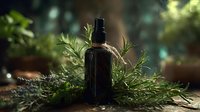 Dark amber glass spray bottle with fresh rosemary herbs on rustic wooden surface. Natural organic skincare, aromatherapy and herbal cosmetics concept.