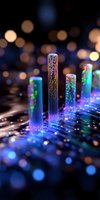 Glowing digital towers rise from circuit board surface with colorful light effects and bokeh background, representing future technology and data visualization.