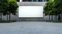 Empty white billboard display on modern building exterior wall with trees and concrete plaza, mockup for outdoor advertising and marketing campaigns.