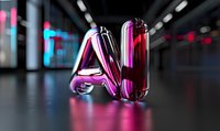 Glossy metallic AI letters in pink and purple neon colors on dark reflective surface with bokeh lights in background, modern futuristic typography design.