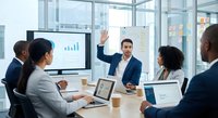 Professional businessman presenting financial data charts to diverse team in modern glass conference room during corporate meeting.