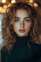 Young woman with striking green eyes, freckles, and wavy brown hair wearing black turtleneck sweater against blurred bokeh background. Natural makeup and soft lighting create romantic mood.