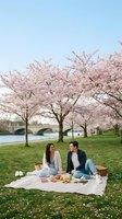Young Asian woman and Caucasian man enjoying a spring picnic under blooming pink cherry blossom trees by a river on a sunny day.