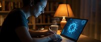Young Caucasian male programmer working late night on laptop displaying blue digital code in cozy home office with warm lamp lighting and bookshelf background.