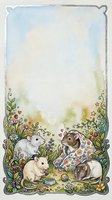 Watercolor frame with cute rabbits in garden setting surrounded by flowers and decorative border for greeting cards and invitations.