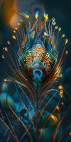 Vibrant peacock feather with water droplets catching golden light against dark turquoise background, showcasing iridescent blues and emerald tones in macro detail.