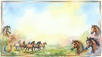 Young horses and foals grazing in pastoral meadow landscape at sunrise or sunset with warm golden light, suitable for equestrian designs, children's books, farm themes.