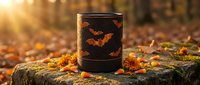 Halloween candle lantern with bat silhouettes glowing warmly on rustic wooden surface surrounded by autumn leaves in golden sunset light for spooky decor.