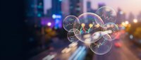Soap bubbles floating over blurred city street at sunset with warm bokeh lights and urban traffic background for dreamy atmospheric designs.