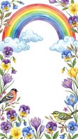 Watercolor rainbow with clouds surrounded by pansy flowers and small birds frame on white background isolated for spring greeting cards and decorations.