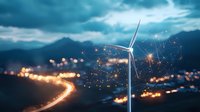 Wind turbine against dramatic evening sky with city lights creating curved light trail and sparkles, mountain silhouettes in background. Clean energy concept.