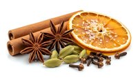 Aromatic winter spices collection with dried orange slice, cinnamon sticks, star anise, cardamom pods and cloves isolated on white background for cooking.