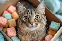 Curious tabby cat with bright blue eyes sitting in cardboard box surrounded by colorful pastel foam cubes, looking up with attentive expression.