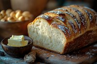 Fresh baked white bread loaf with golden crust and sesame seeds on rustic wooden board, served with butter pat in wooden bowl, warm morning light.