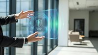 Businesswoman in dark blazer interacting with holographic digital interface displaying security and technology icons in modern office environment.