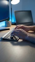 Male hands typing on wireless keyboard at modern workspace with laptop and desk lamp in evening blue light atmosphere for productivity concepts.