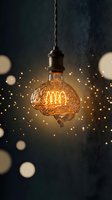Vintage Edison bulb with glowing filament hanging on twisted cord against dark textured wall with warm bokeh lights creating cozy atmospheric lighting.