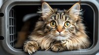 Adorable fluffy tabby kitten with golden eyes peeking out from gray pet carrier, ready for travel or vet visit with curious expression.