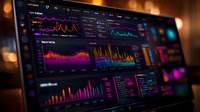 Colorful data visualization dashboard with neon graphs, charts and analytics displayed on dark monitor screen against blurred bokeh background.