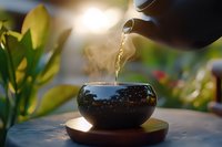 Water pouring into dark bowl with green plants in sunlit garden setting, ideal for wellness and nature themes.