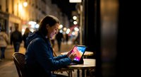 Young woman using tablet computer at outdoor cafe during evening hours with warm street lighting and urban bokeh background for digital lifestyle content.