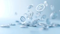 Silver cryptocurrency coins with dollar and bitcoin symbols floating against light blue background, representing digital finance and investment.