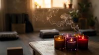 Aromatic candles burning with smoke swirls in cozy living room interior with warm sunlight streaming through window creating peaceful atmosphere.