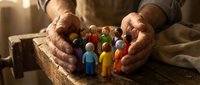 Elderly hands protectively cupping diverse wooden toy figures representing community care, family protection, and social unity concepts for healthcare design.