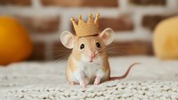Adorable small mouse wearing golden crown sitting on white knitted blanket with warm bokeh background for cute animal themed designs and greeting cards.