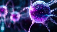 Purple glowing cancer cell with extending filaments in dark microscopic environment for medical research and oncology education purposes.
