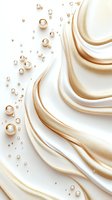 Luxurious white and gold flowing waves with scattered pearls and metallic spheres on white background, elegant abstract design for luxury branding and cosmetics packaging.