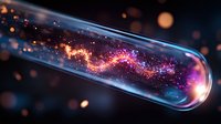 Glowing magical particles swirling inside glass test tube with purple and orange sparkles against dark background, creating mystical scientific atmosphere.