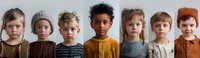 Diverse group of children in casual attire standing in a row against neutral background, perfect for education, diversity, childhood development and social inclusion concepts.