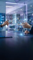 Businessman hands creating holographic network with strategy, finance and innovation keywords in modern office environment for digital transformation concepts.