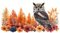Majestic great horned owl perched among autumn foliage, orange leaves, berries and flowers in watercolor style. Decorative fall season composition on white background.