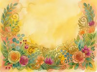 Watercolor floral frame with ornamental roses, leaves, and scrollwork on warm yellow background, suitable for invitations, greeting cards, and decorative design projects.