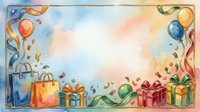 Watercolor celebration frame with balloons, gift boxes, shopping bags, and confetti ribbons on soft pastel background, suitable for greeting cards, invitations, and festive designs.