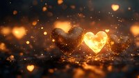 Glowing golden hearts with magical bokeh lights and sparkles floating in dark space create romantic atmosphere for Valentine's Day designs and love themes.