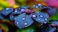Dark purple leaves covered in crystal clear water drops creating natural macro photography effect with vibrant bokeh background and morning dew pearls.