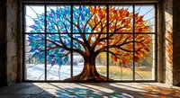 Colorful stained glass tree window casting rainbow light shadows on stone floor. Artistic seasonal tree design with blue and orange foliage in medieval architecture setting.