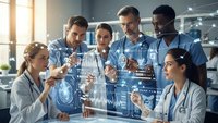 Diverse medical team analyzing holographic data displays in modern hospital setting. Healthcare professionals collaborating with futuristic technology interface.