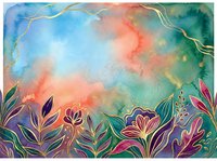 Watercolor floral background with gold line art flowers and leaves on teal and coral gradient wash, elegant botanical art.