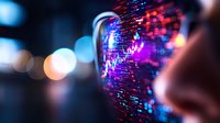 Financial market data reflected in eyeglasses with blue and red stock charts, trading numbers and bokeh lights creating modern business analytics atmosphere.